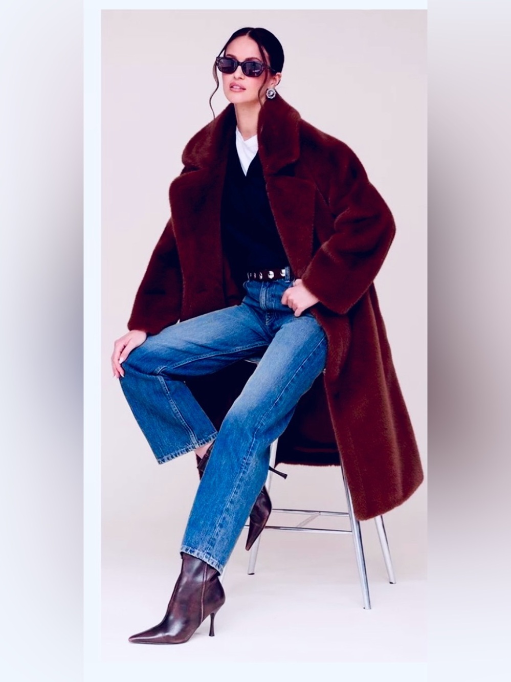 Avec Les Filles Plush Faux Mink Fur Teddy Coat in Burgundy Oversized Mob Wife